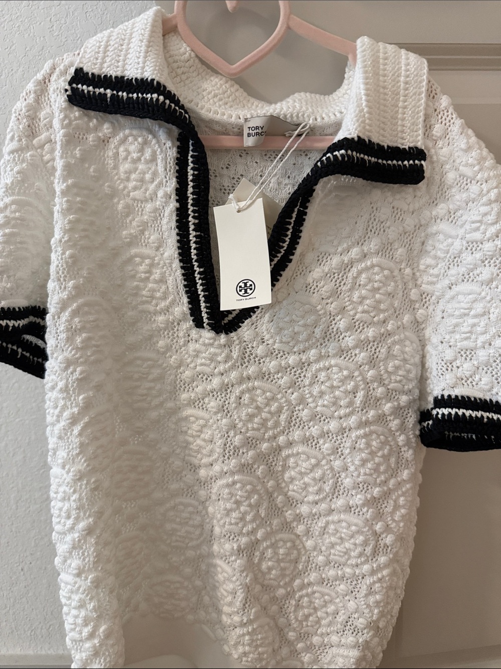 Tory Burch White Crochet Polo Sweater with Black Trim